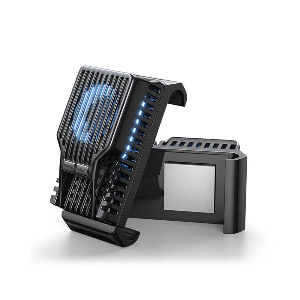 Black clip-on mobile phone radiator cooling fan attached to a smartphone, showing aluminium alloy and ceramic components.