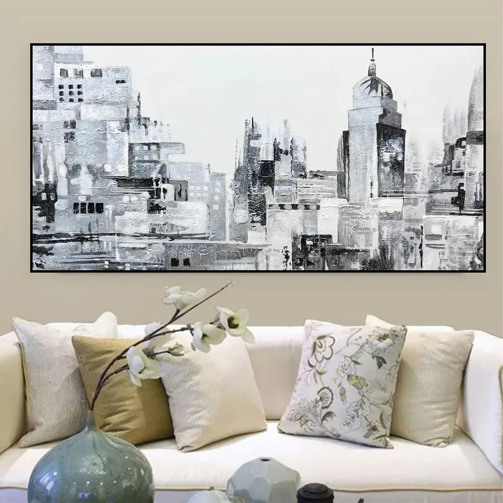 Handmade black and white abstract oil painting on canvas of urban street scene, rolled and frameless.