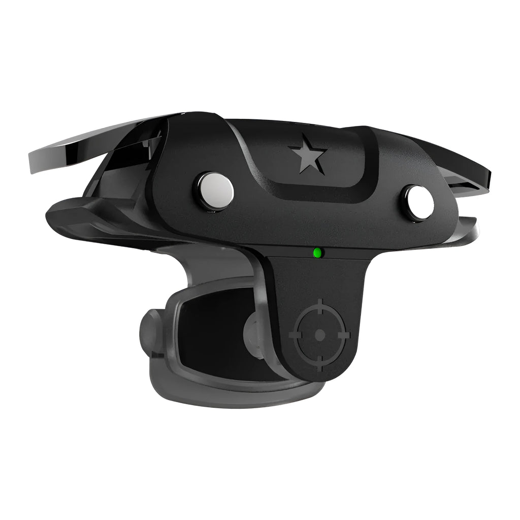 Black F5 compact mobile phone game controller joystick on a white background.
