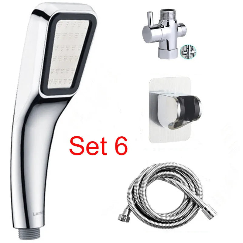 Orange hand-held pressurised shower set with rain function shower head and multiple components