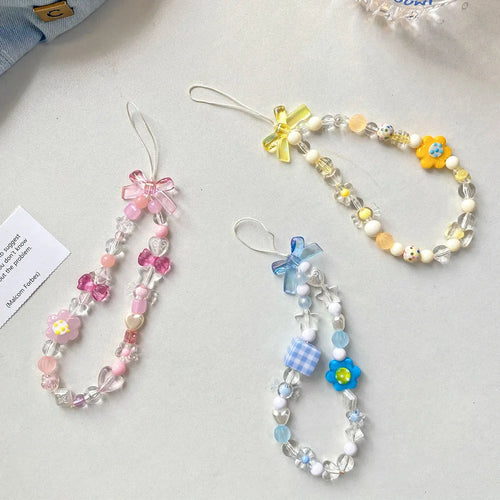 Beaded floral phone lanyard with colourful plastic resin beads on adjustable hand rope