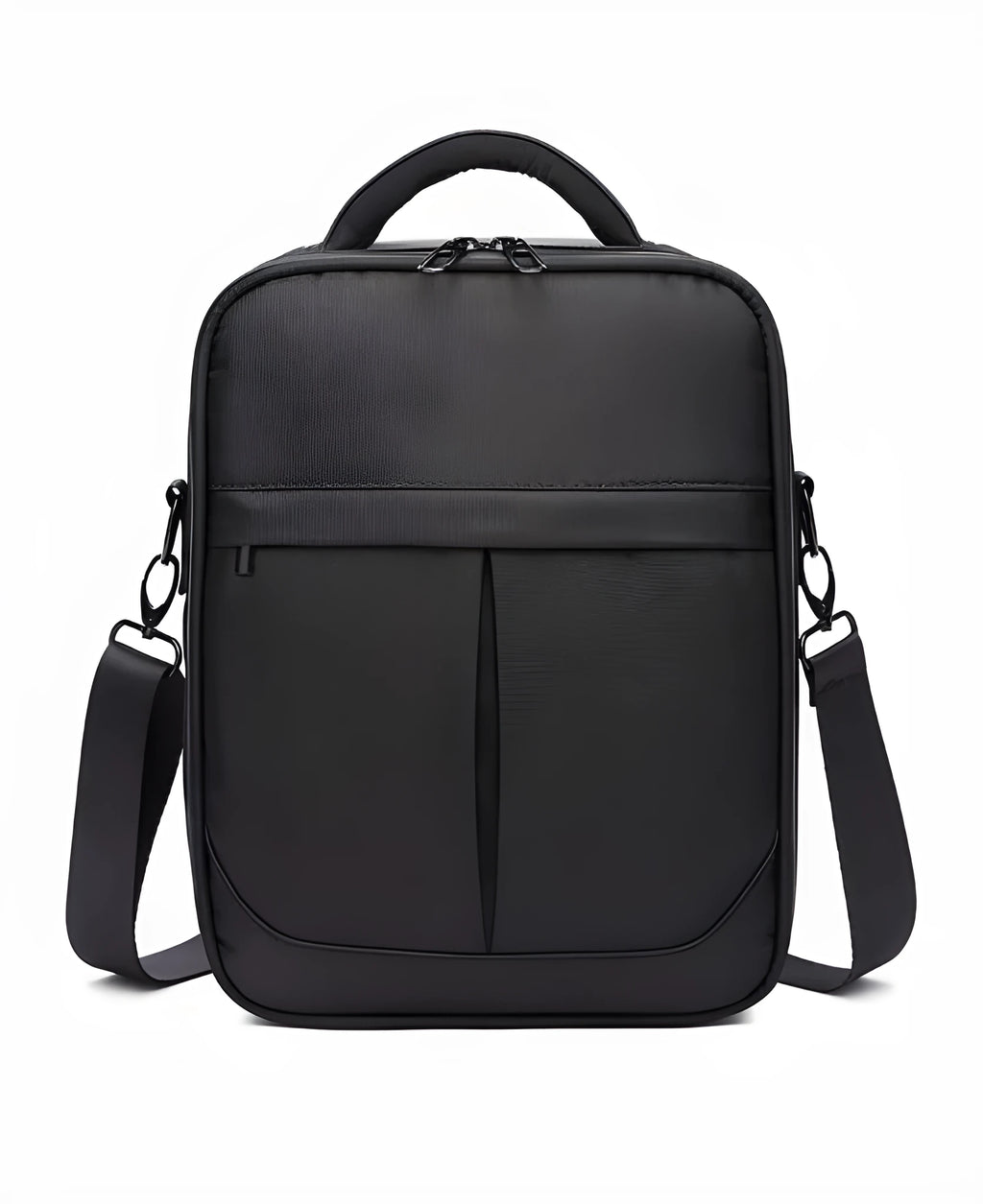Black men's oxford fabric messenger bag showing its crossbody style and proportions.