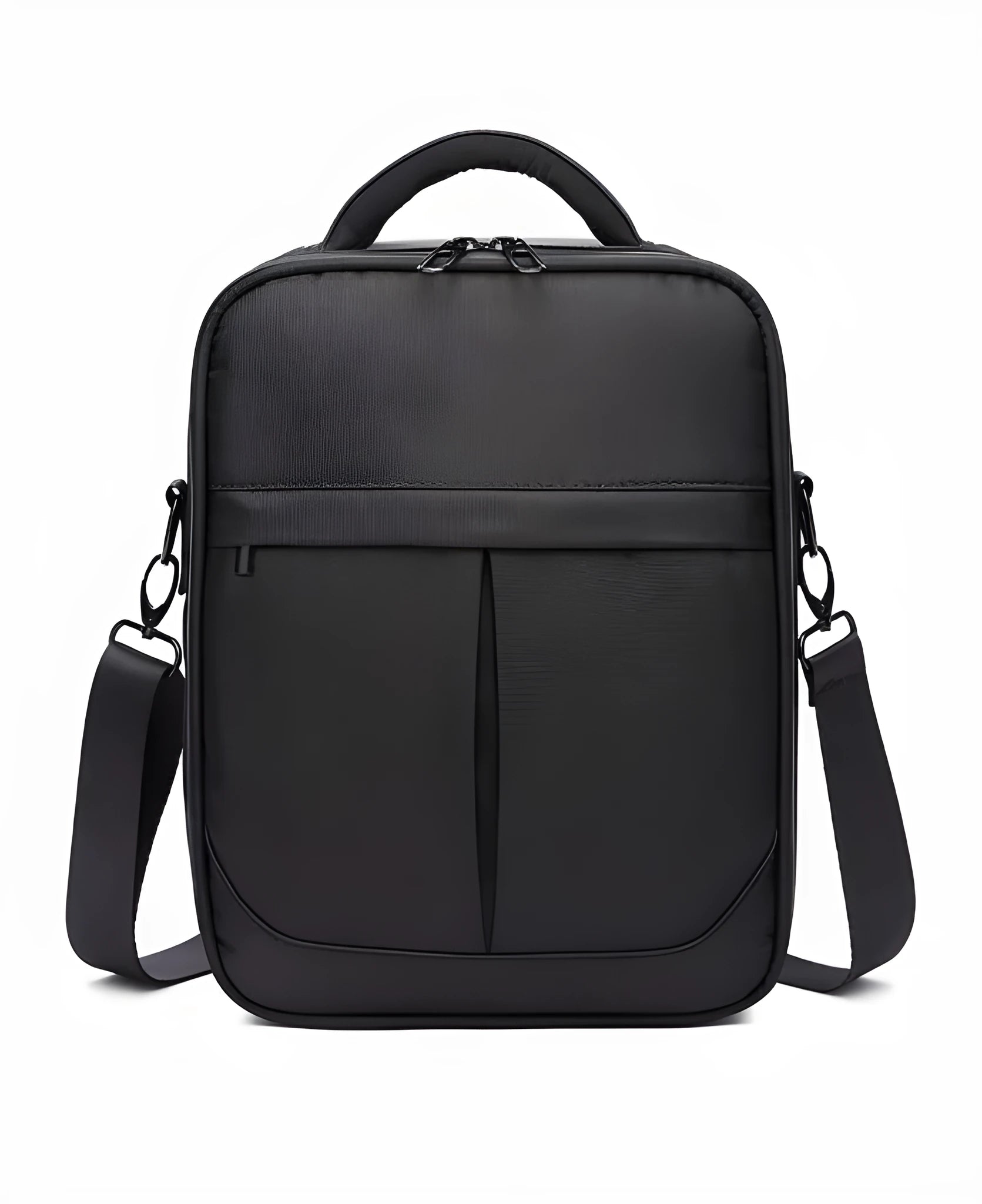 Black men's oxford fabric messenger bag showing its crossbody style and proportions.