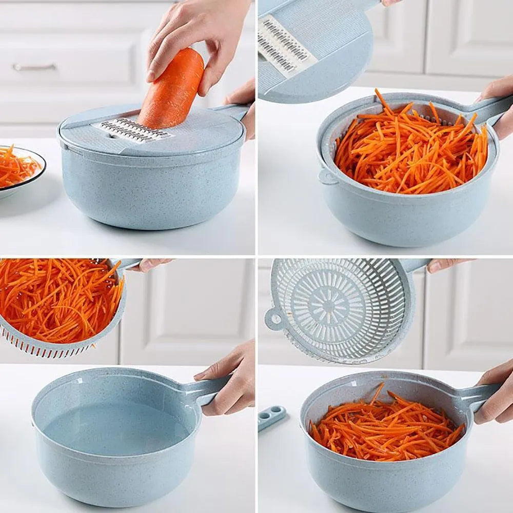 8 in 1 mandoline slicer set with stainless steel blades, drain basket, container and hand protector, 29.5 cm x 12.0 cm x 9.5 cm