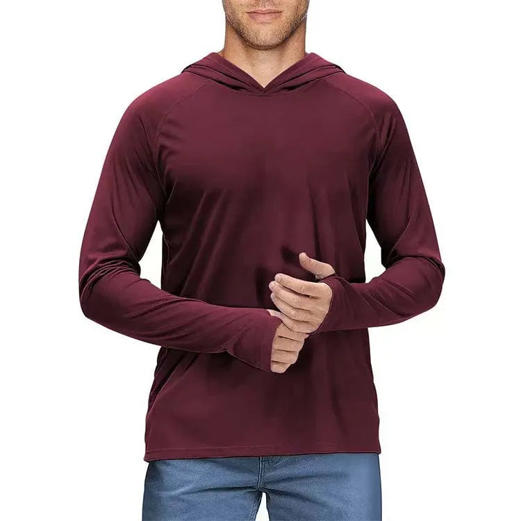 Men's long sleeve hooded workout sweater in sky blue polyester pique, loose fit for running and fitness.