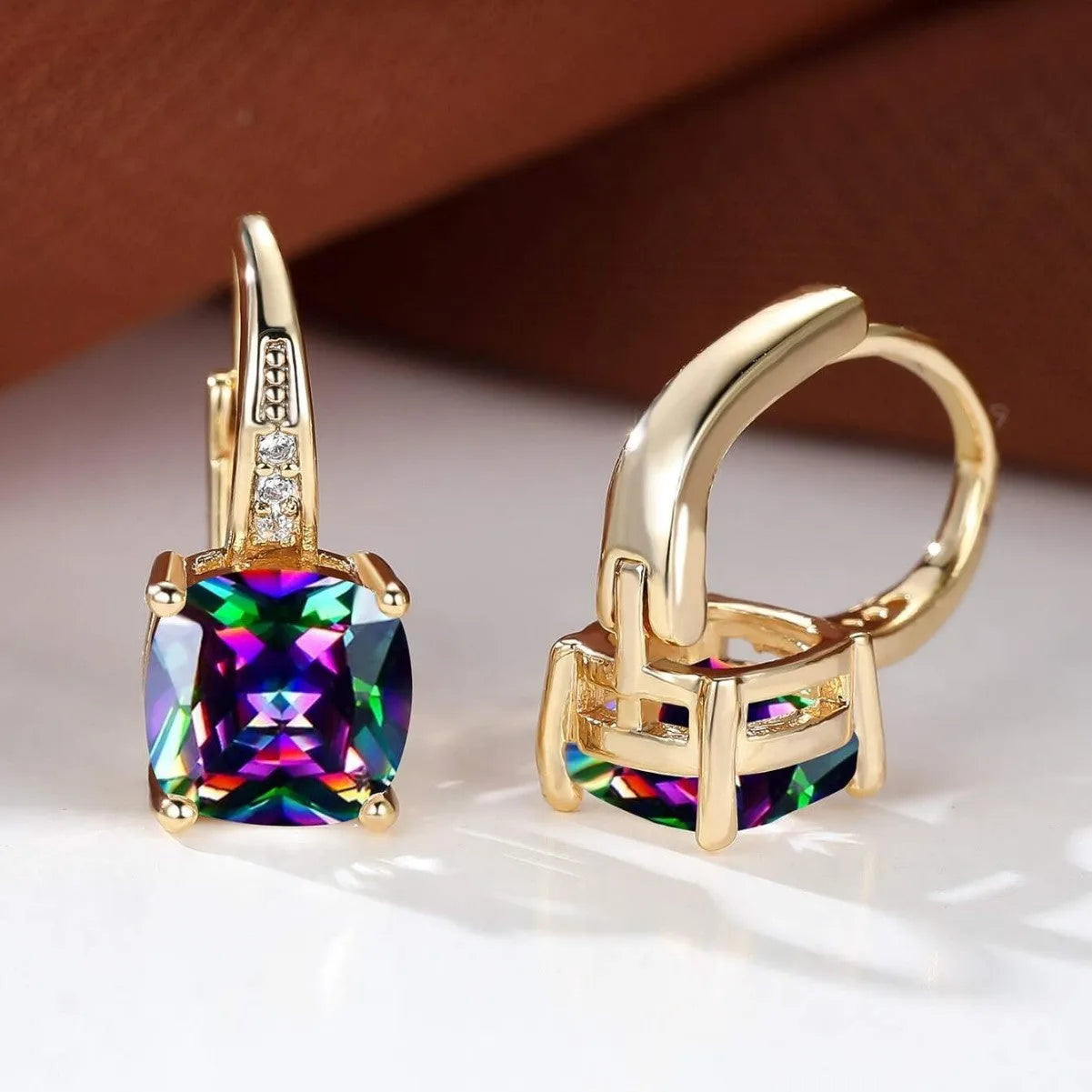 Square geometric ear clips with colourful moissanite stones in gold electroplated finish