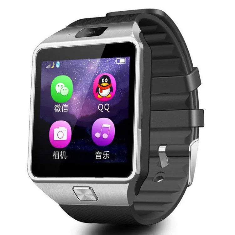 DZ09 sports smart watch with black TPU strap and 1.56 inch touch screen display