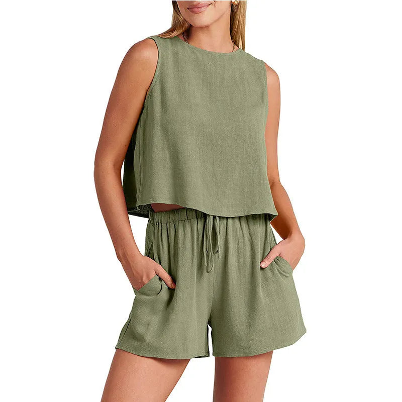 Women's apricot coloured sleeveless top and drawstring shorts summer outfit set on a hanger