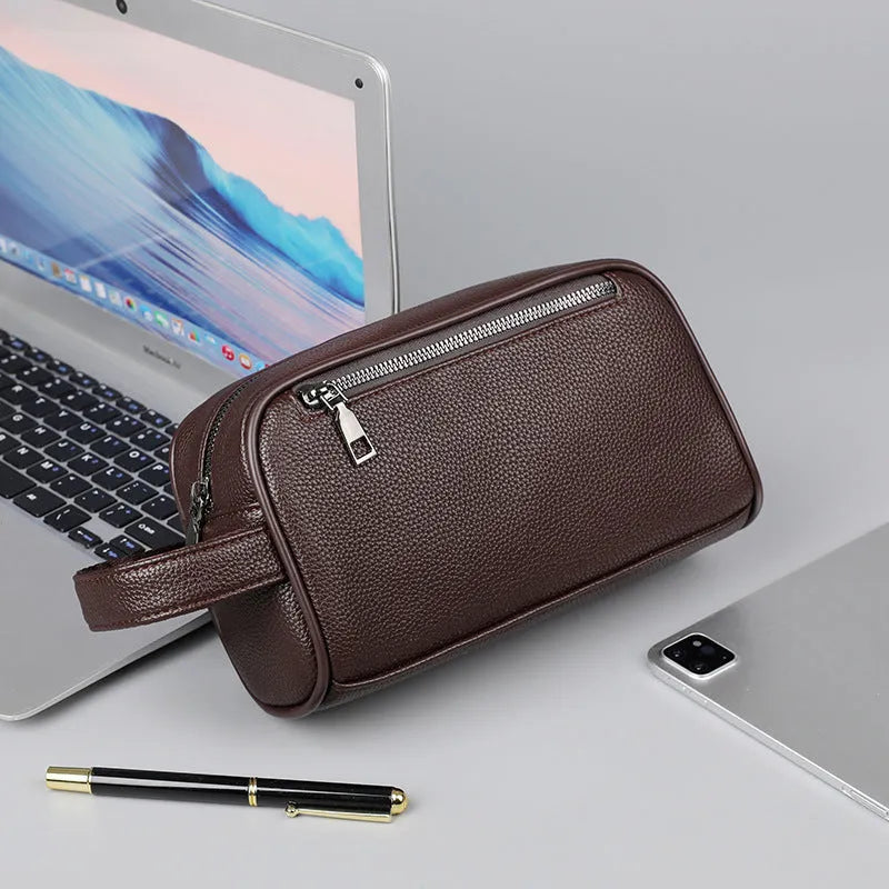 Men's business clutch bag in soft PU leather, large capacity, wear-resistant, available in black, dark blue and brown