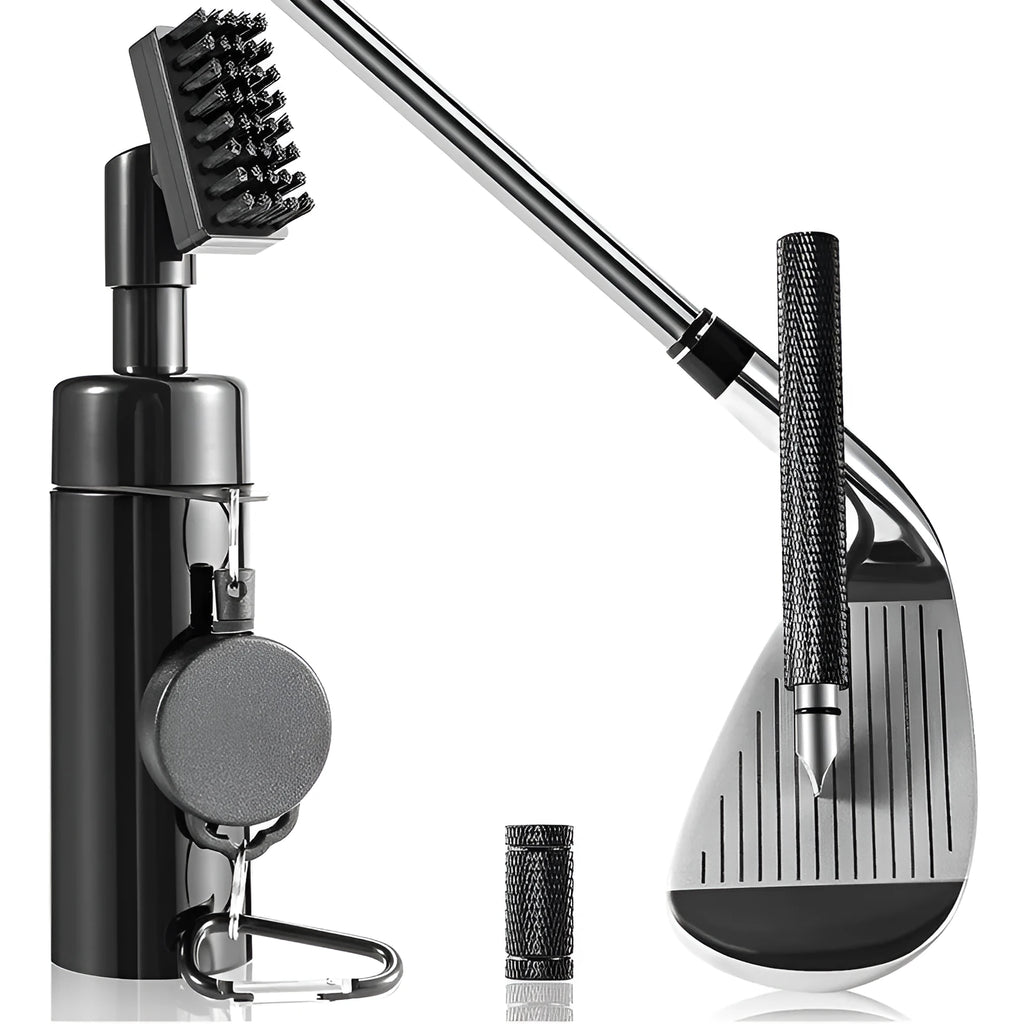 Six black plastic golf club cleaning tools arranged together for groove debris removal