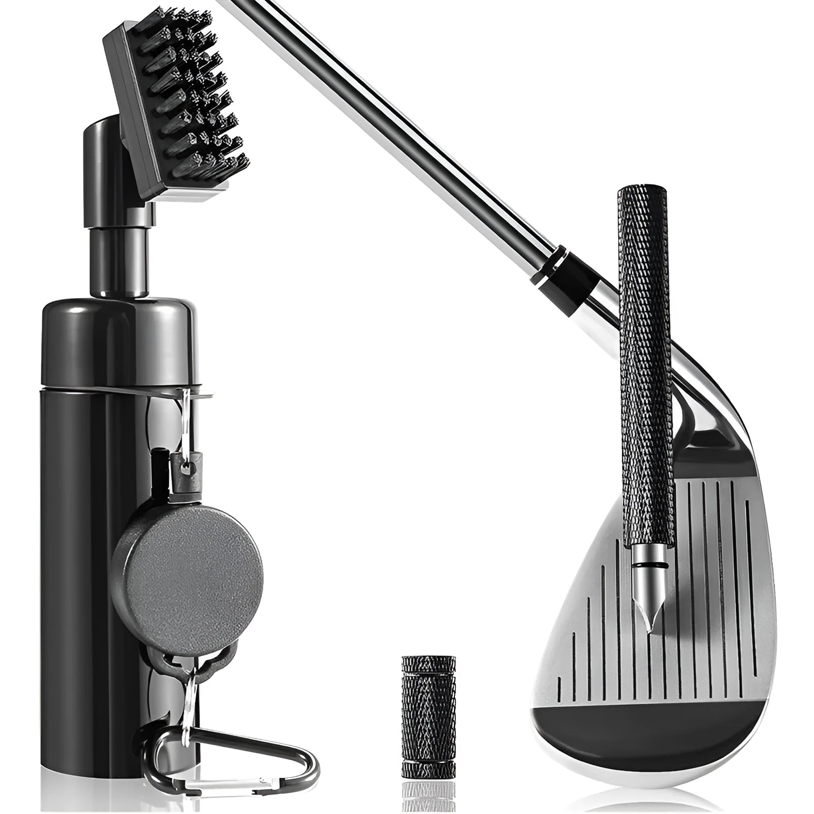 Six black plastic golf club cleaning tools arranged together for groove debris removal