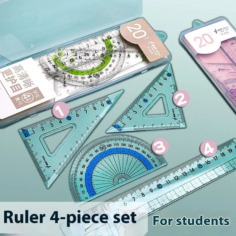 Youpai transparent acrylic drawing ruler set with square and protractor on a design sketch.