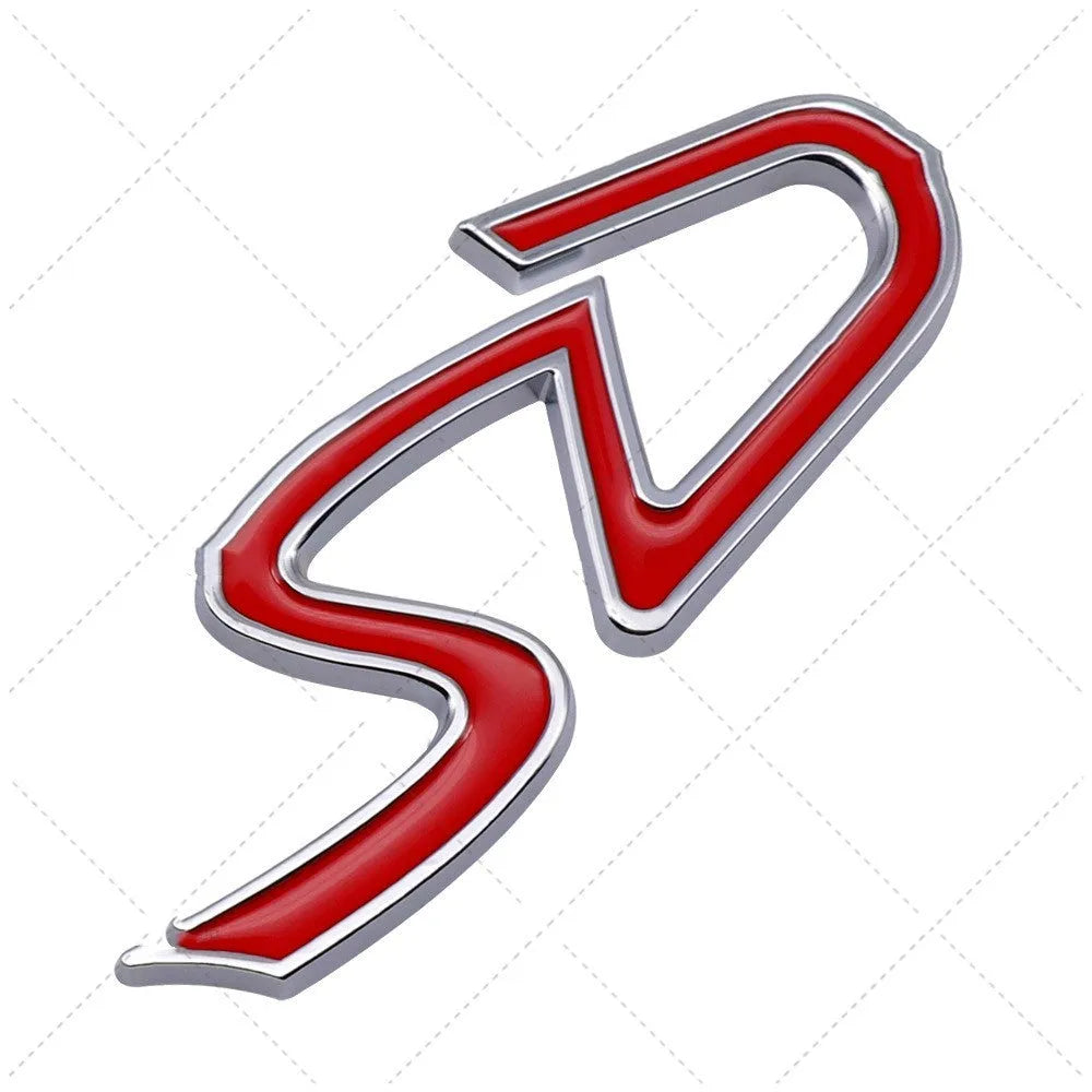 Metal car bumper sticker with SD design in red and silver colour scheme measuring 7.7 by 2.9 centimetres