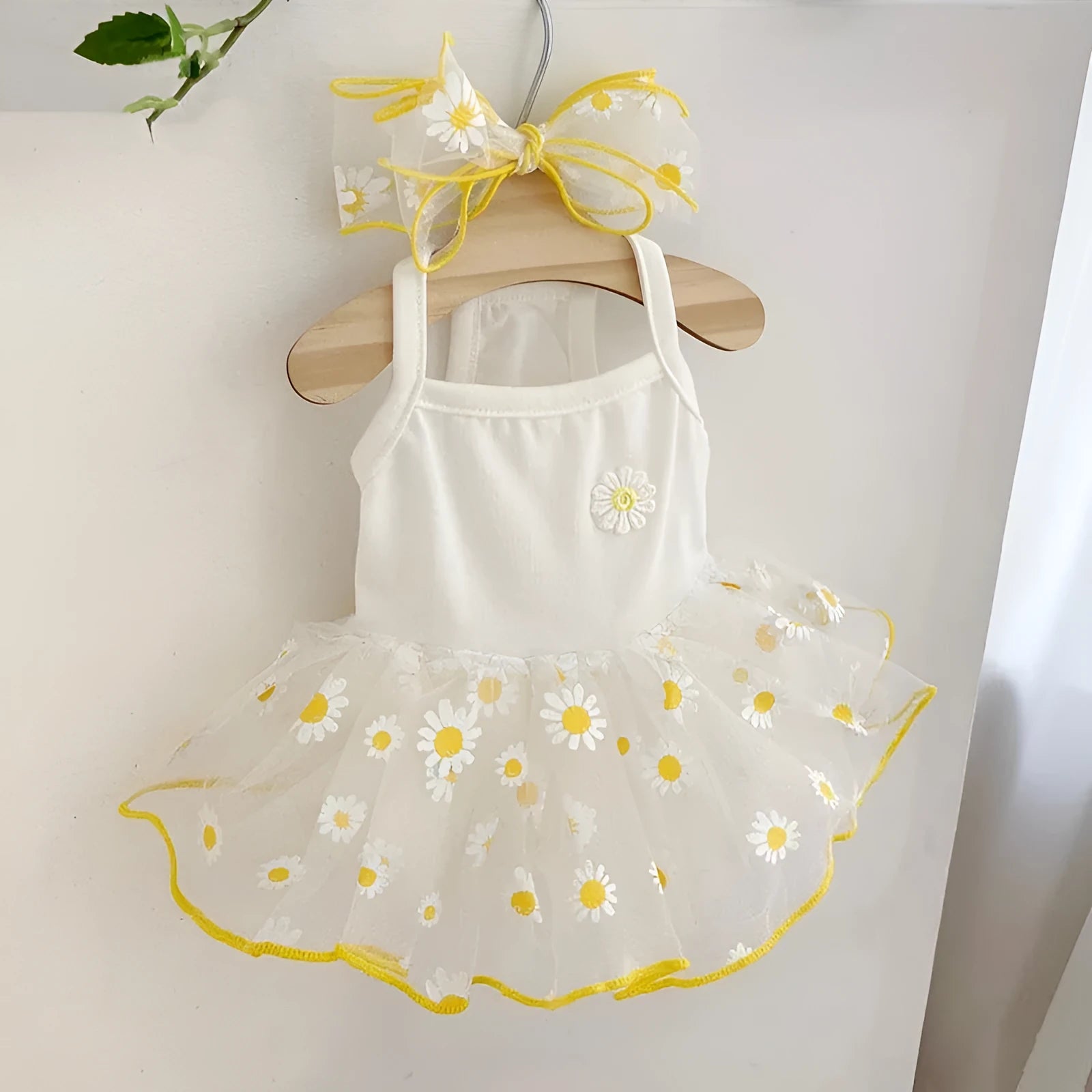 Yellow daisy print dog clothing for summer wear in lightweight polyester fabric