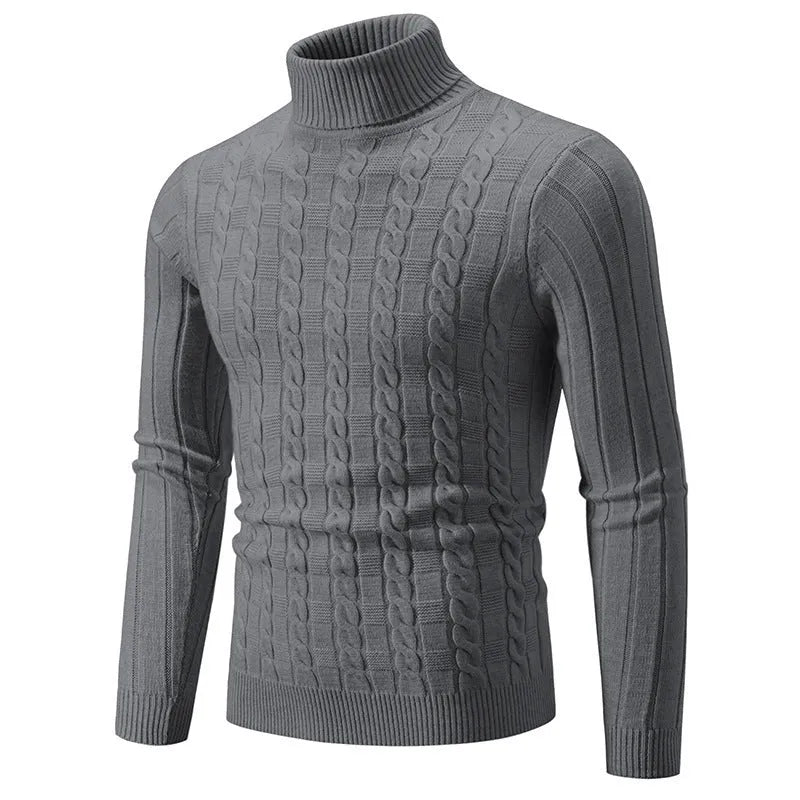 Man wearing a slim-fit beige chenille turtleneck pullover for casual leisure wear.