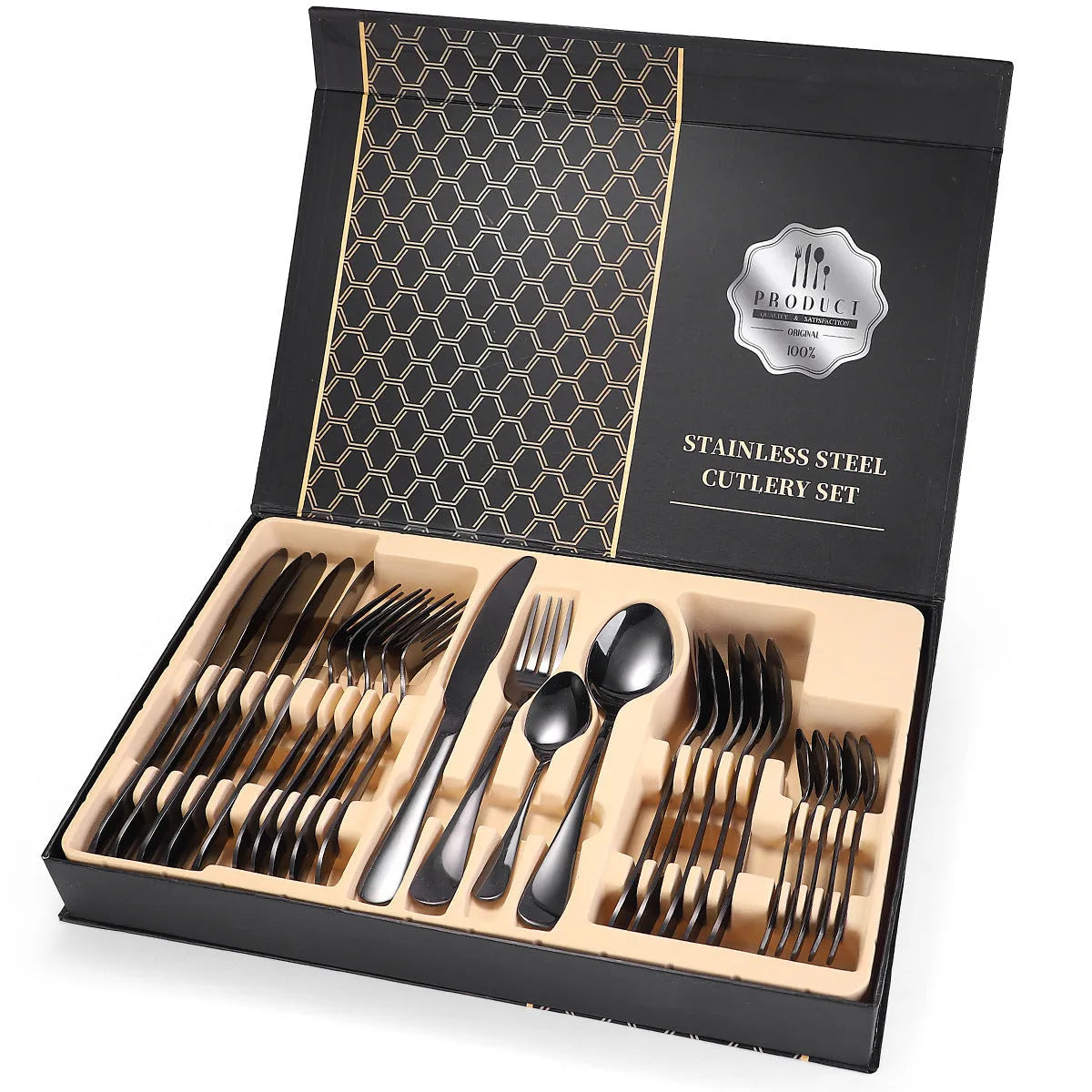 24 piece 18/10 stainless steel cutlery set in Silver style with wood storage box