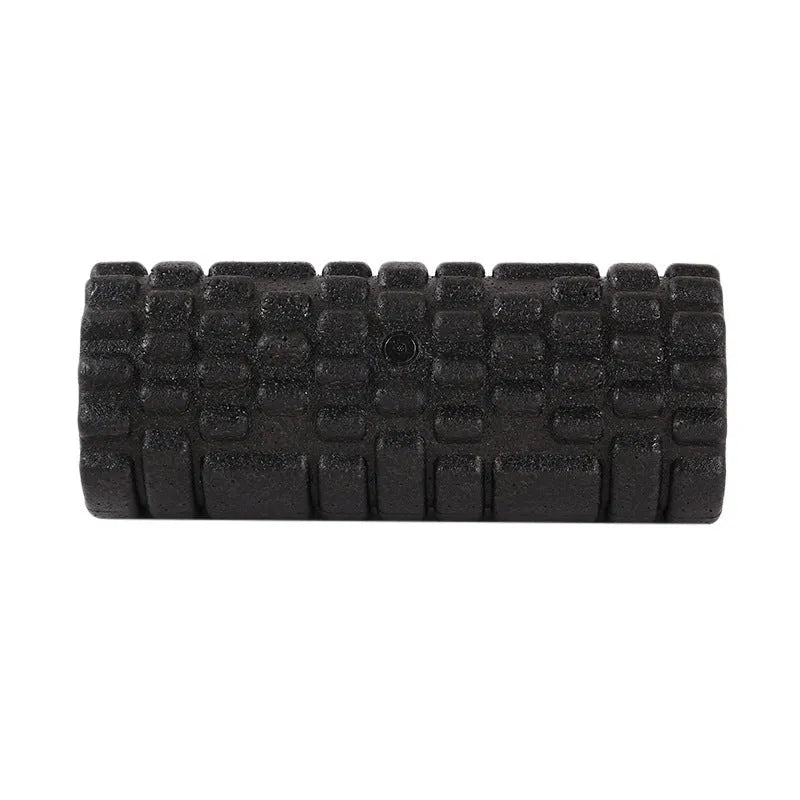 Hollow black EPP foam roller 33x14cm on a white background for Pilates and balance exercises