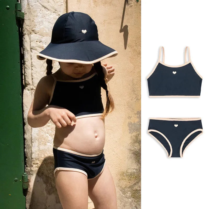 Dark blue baby girls' split swimsuit with high elasticity for swimming ages 1-6 years