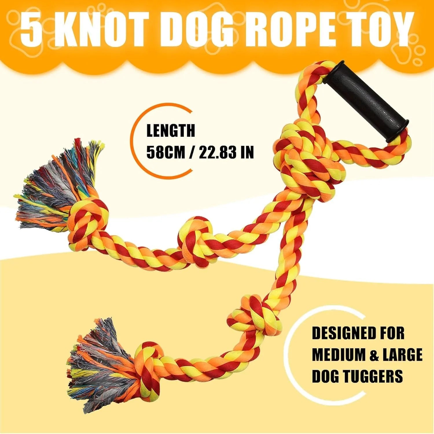 Blue and yellow durable cotton dog tug rope toy with ergonomic handle for large breeds.