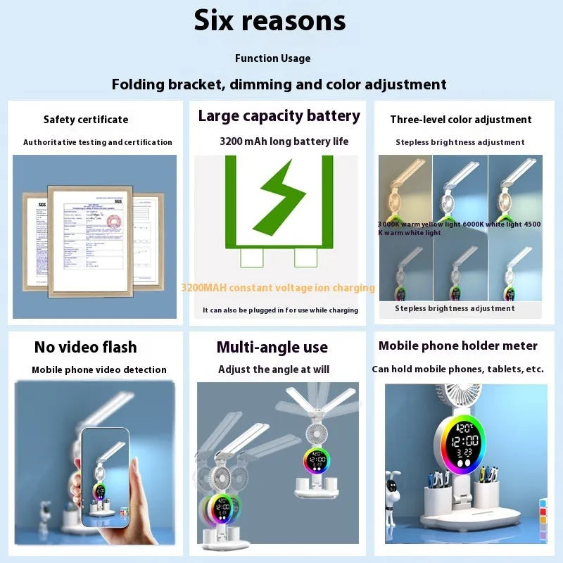 LED student desk lamp with clock and fan double-headed rechargeable USB powered