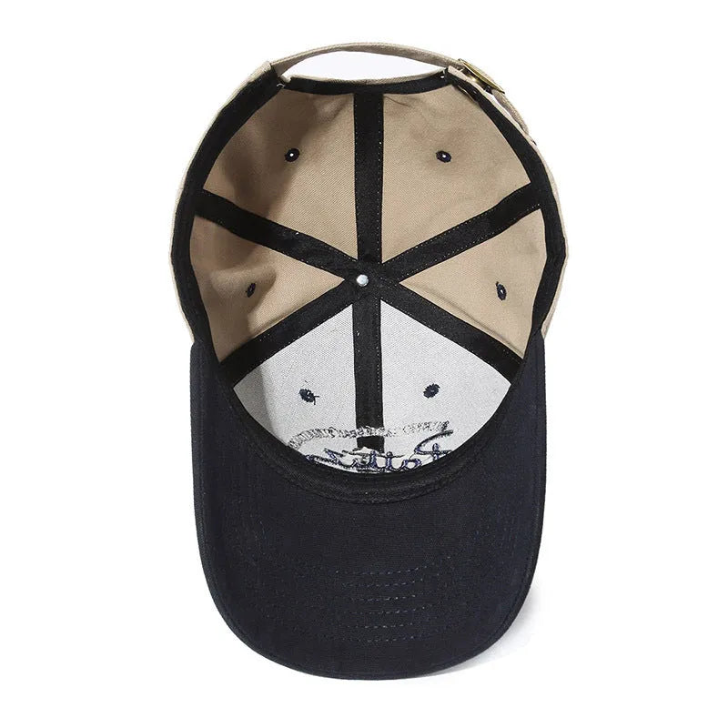 Cotton adjustable dome hat with English letter detail in black on white background