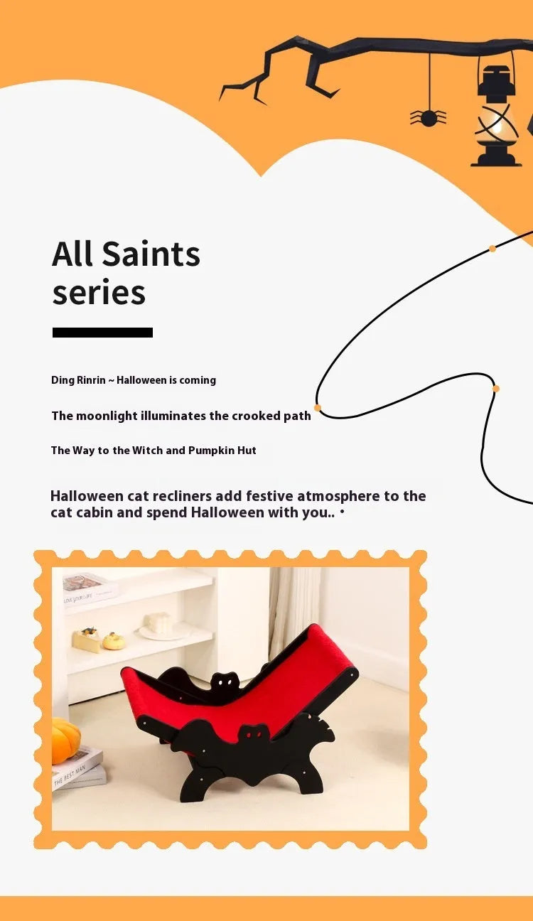 Black and red Halloween bat themed wooden cat recliner bed