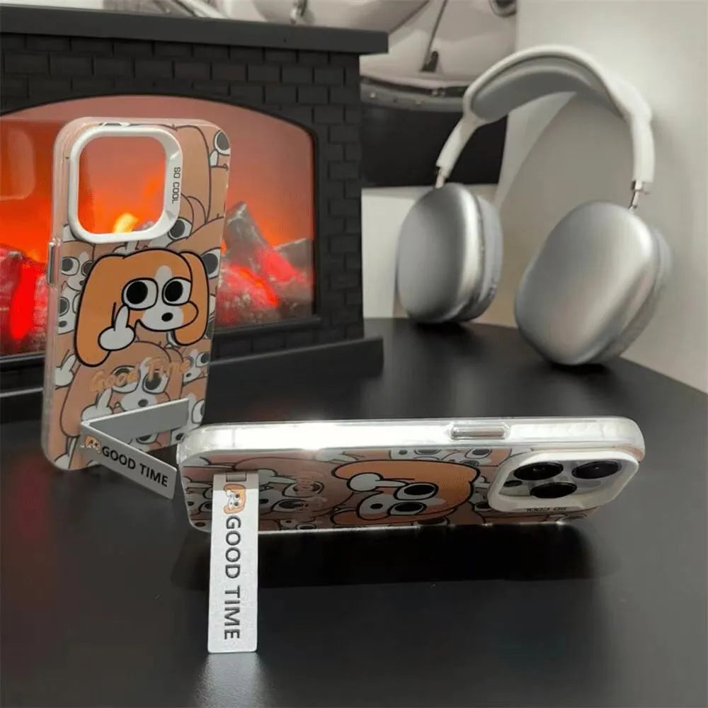 Dog pattern hard PC iPhone case with ribbon bracket and anti-fall double layer design