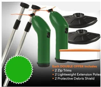 Cordless handheld grass trimmer with extension pole and protective shield on a garden lawn
