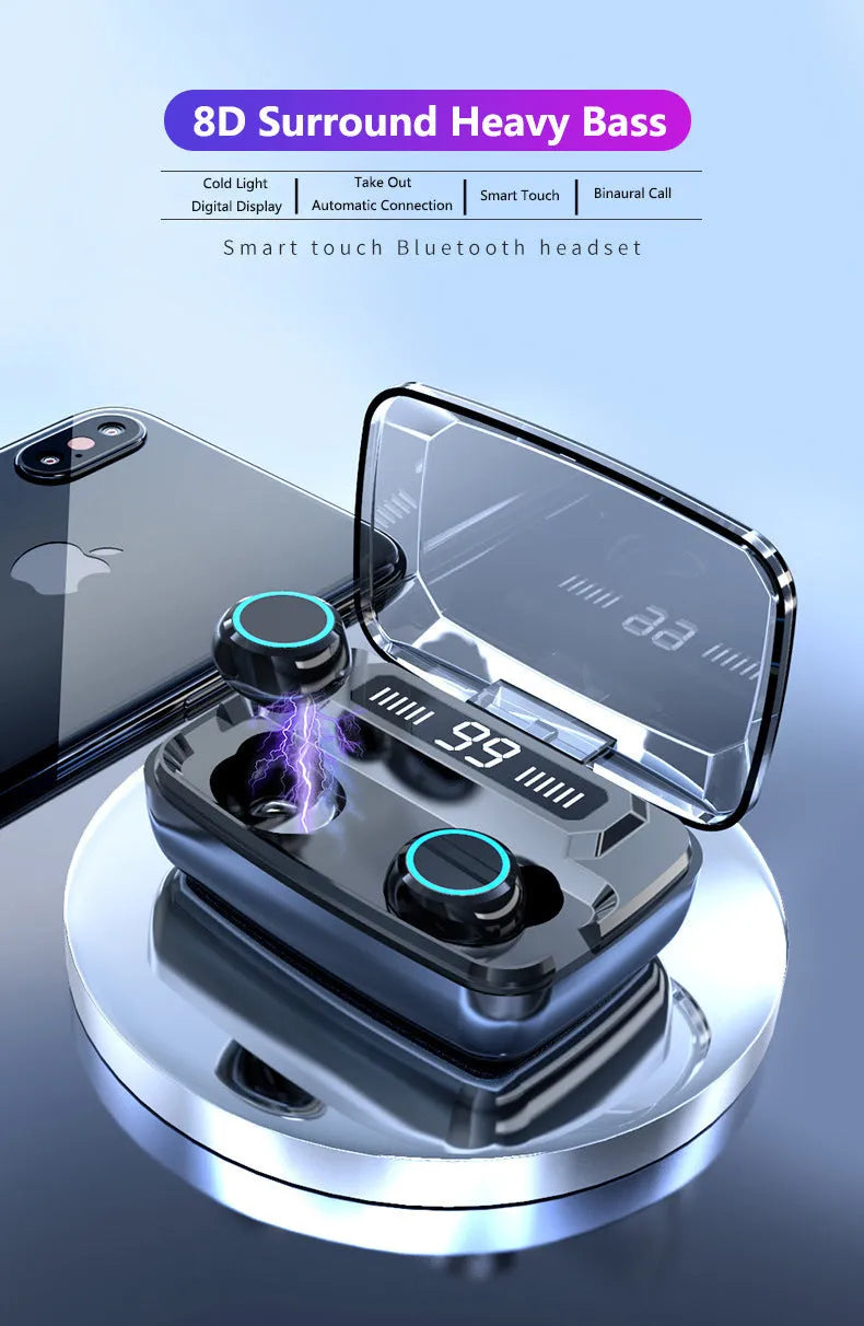 Black M11 style wireless Bluetooth headset with IPX7 waterproof rating and charging case featuring a phone holder.