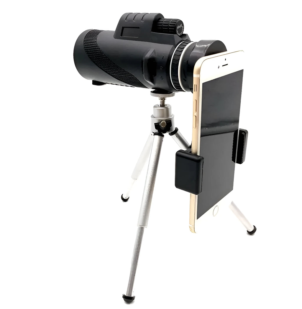Black HD 40x60 monocular telescope for smartphones shown with lens details.
