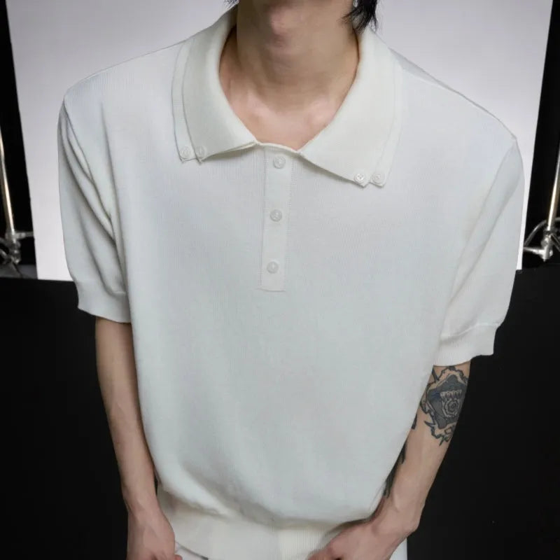 Men's slim knit polyester shirt with double collar lapel design in black, grey or white