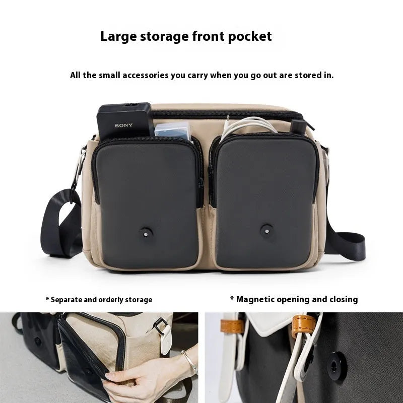 Japanese one-shoulder camera bag in solid colour, with physiological curve backplane and anti-scratch compartments