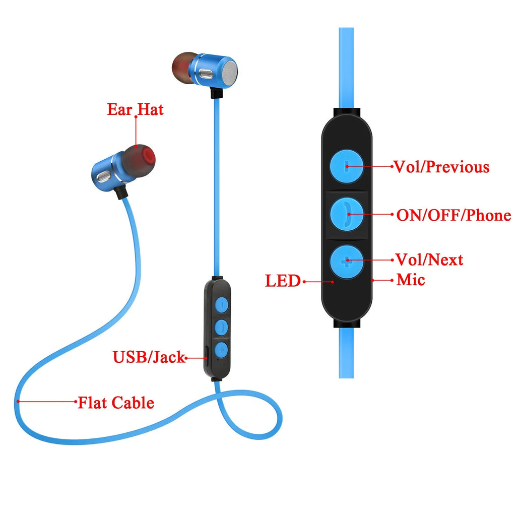 AX-09 Magnetic Sports Bluetooth Headset in blue with charging cable and ear caps