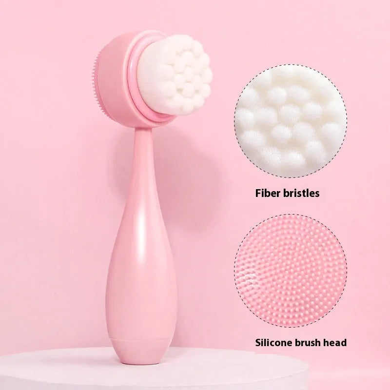 Facial brush set with coral fleece hair band and four nylon brush heads in purple grey white pink colours