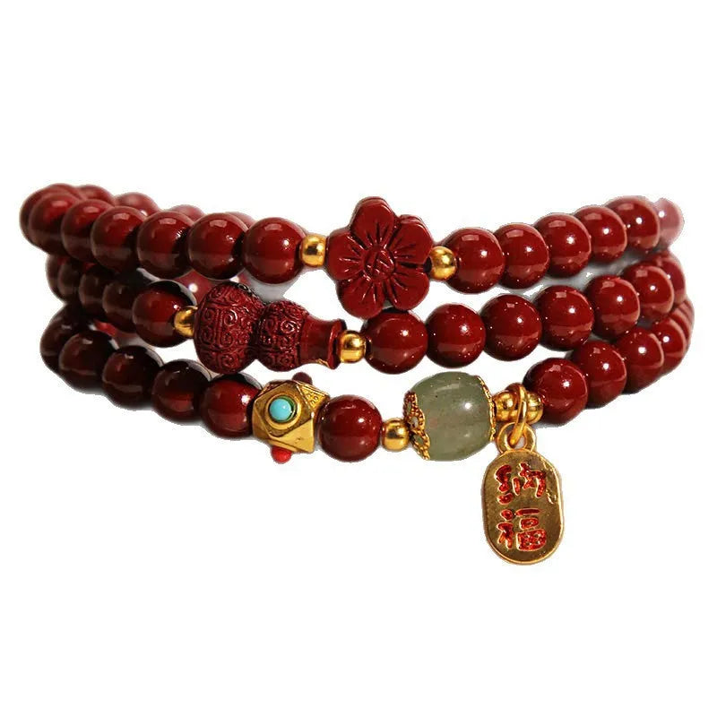 6mm cinnabar bracelet with multi-circle gourd and five petal flower design, polished Chinese-style women's jewellery