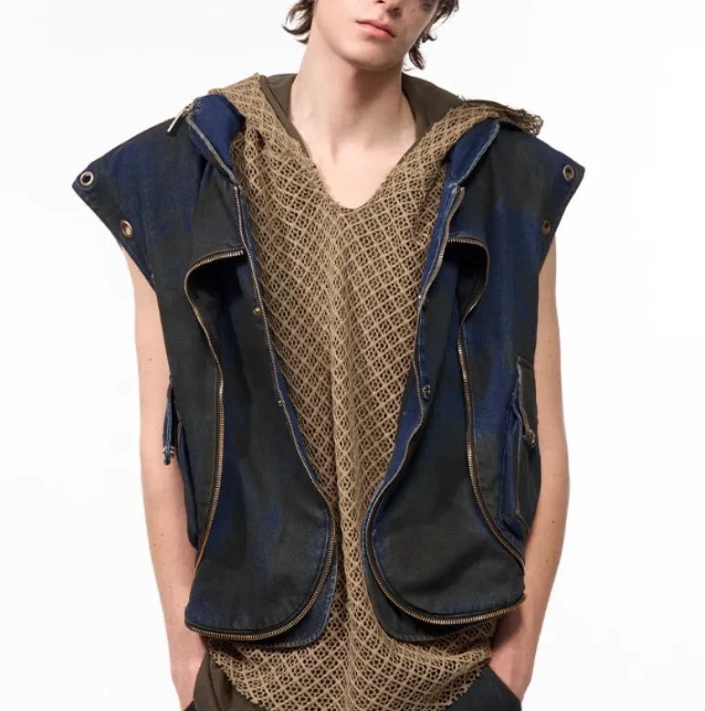 Blue hooded denim vest and matching trousers co-ord set with zip front closure