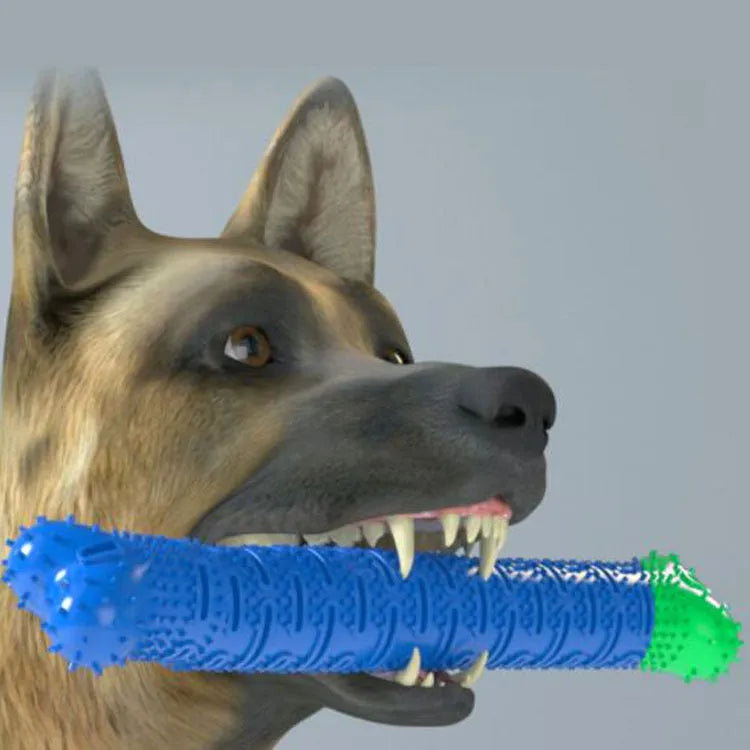 Blue green silicone dog toothbrush cleaning stick with textured surfaces and nodules for gum massage.