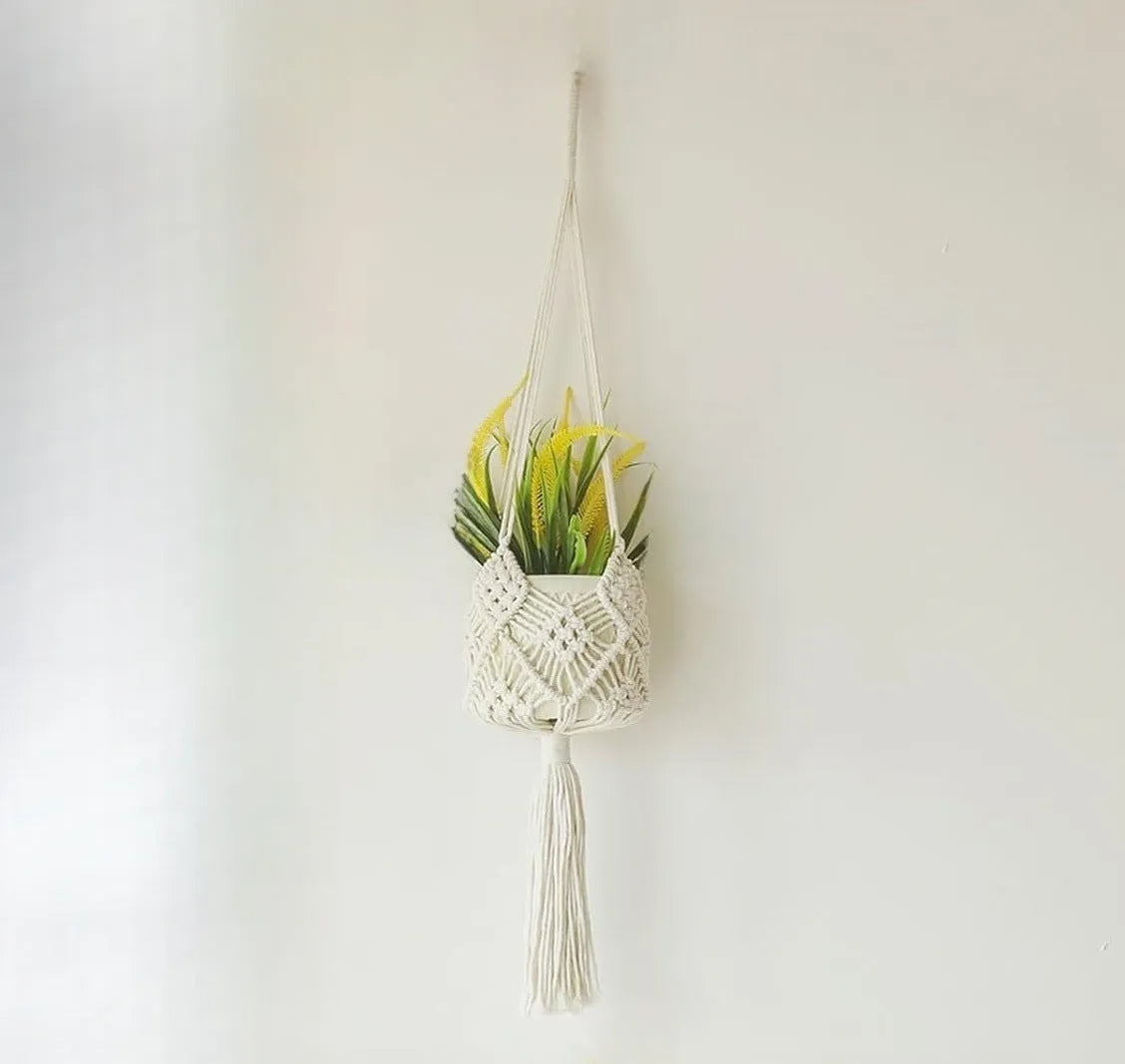 Hand-woven flower pot net pocket extension cord in brown polyester cotton