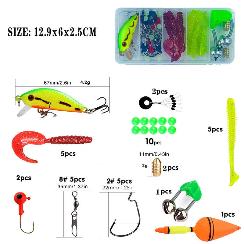 Children's beginner fishing rod set showing pole, reel, and tackle box accessories in blue colour option