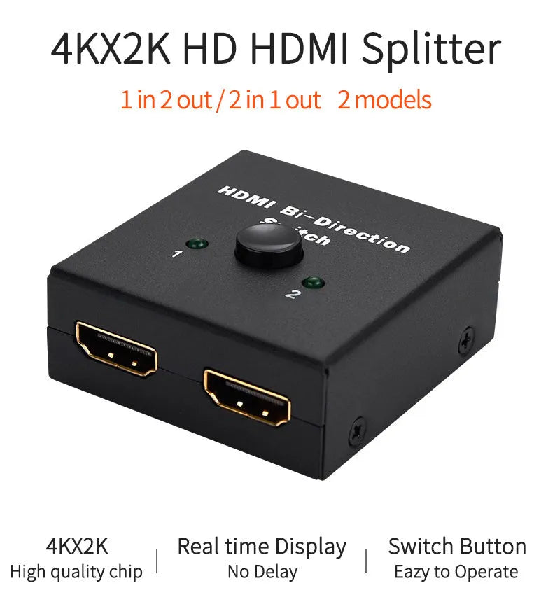 Black plastic HDMI bi-direction switch with 3 HDMI A/F connectors and blue LED indicators