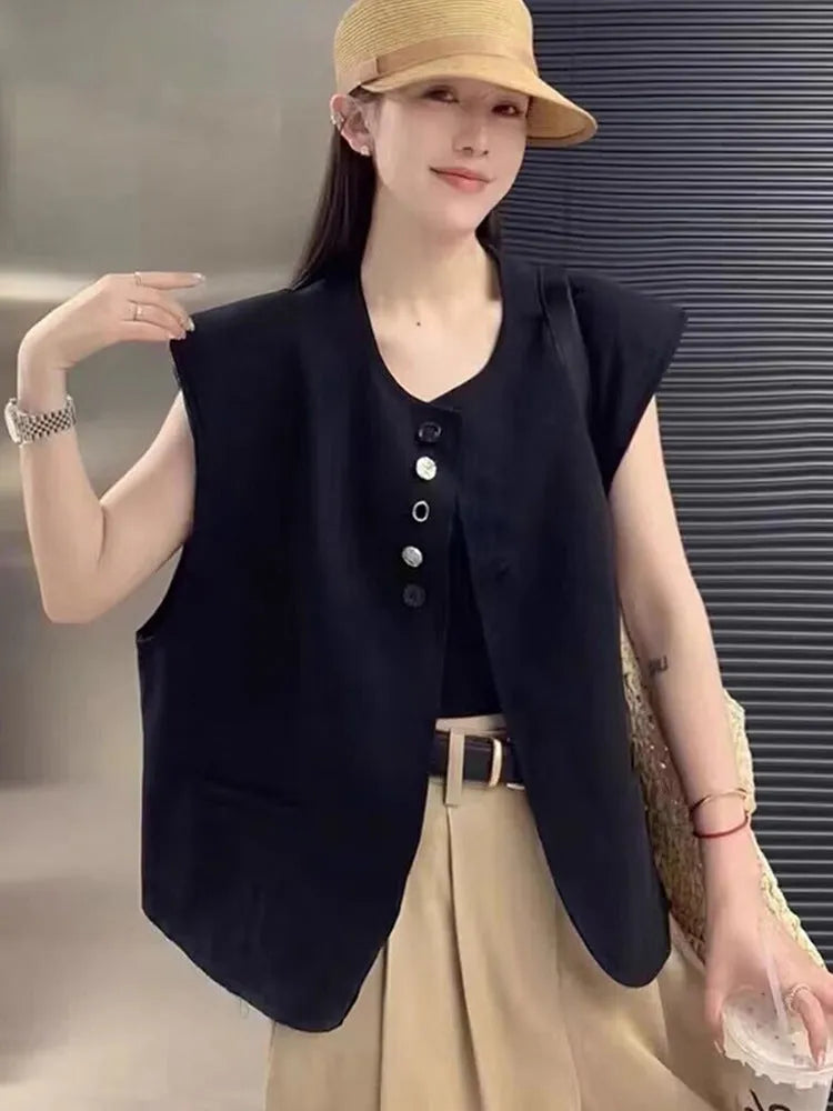 Women's loose sleeveless vest in solid colour with pockets, 40cm length