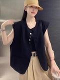Women's loose sleeveless vest in solid colour with pockets, 40cm length