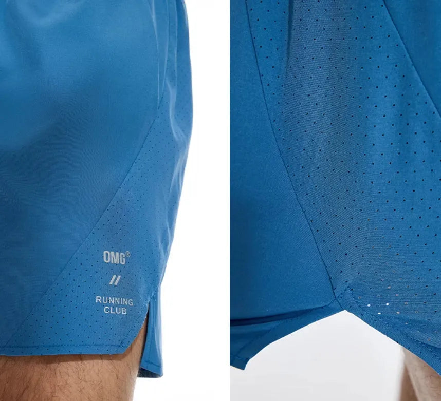 Black and blue four-point stretch running shorts with laser punching stitching on a mannequin.