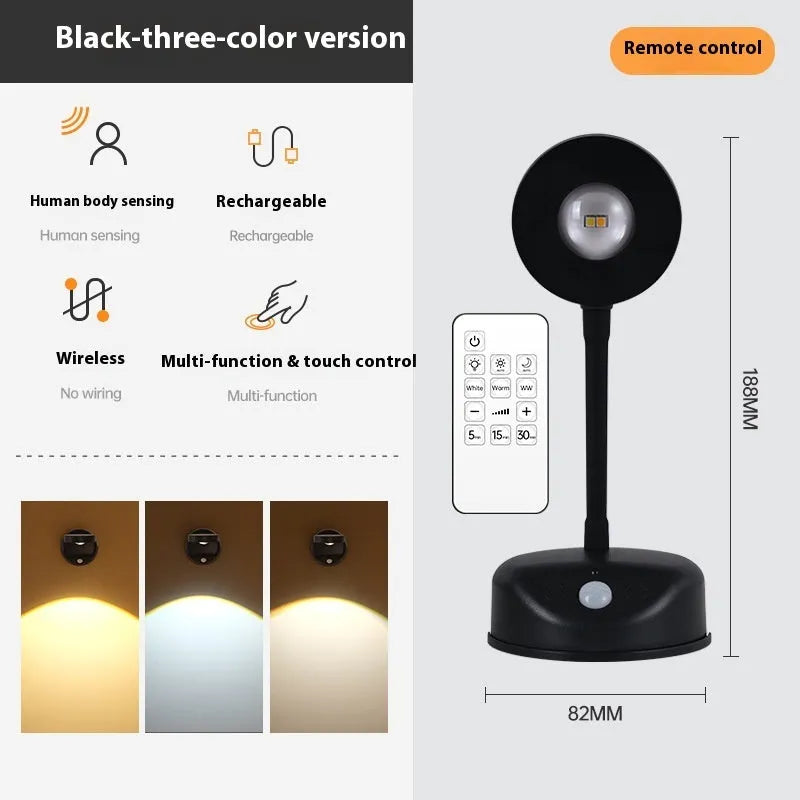 Modern geometric wireless rechargeable wall spotlight in black or white with remote control.