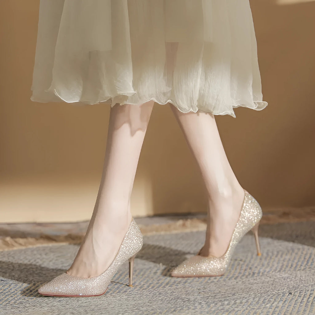 Gold crystal high heel stiletto pump with rhinestone and sequin decoration
