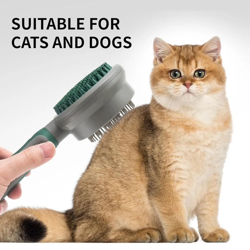 Green and pink dual-sided pet brush with slicker pins on one side and silicone massage pins on the other