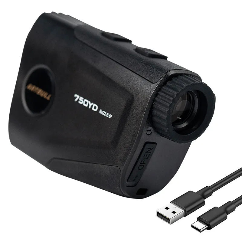 Golf laser rangefinder with LCD display showing distance measurement, USB Type-C charging port visible.