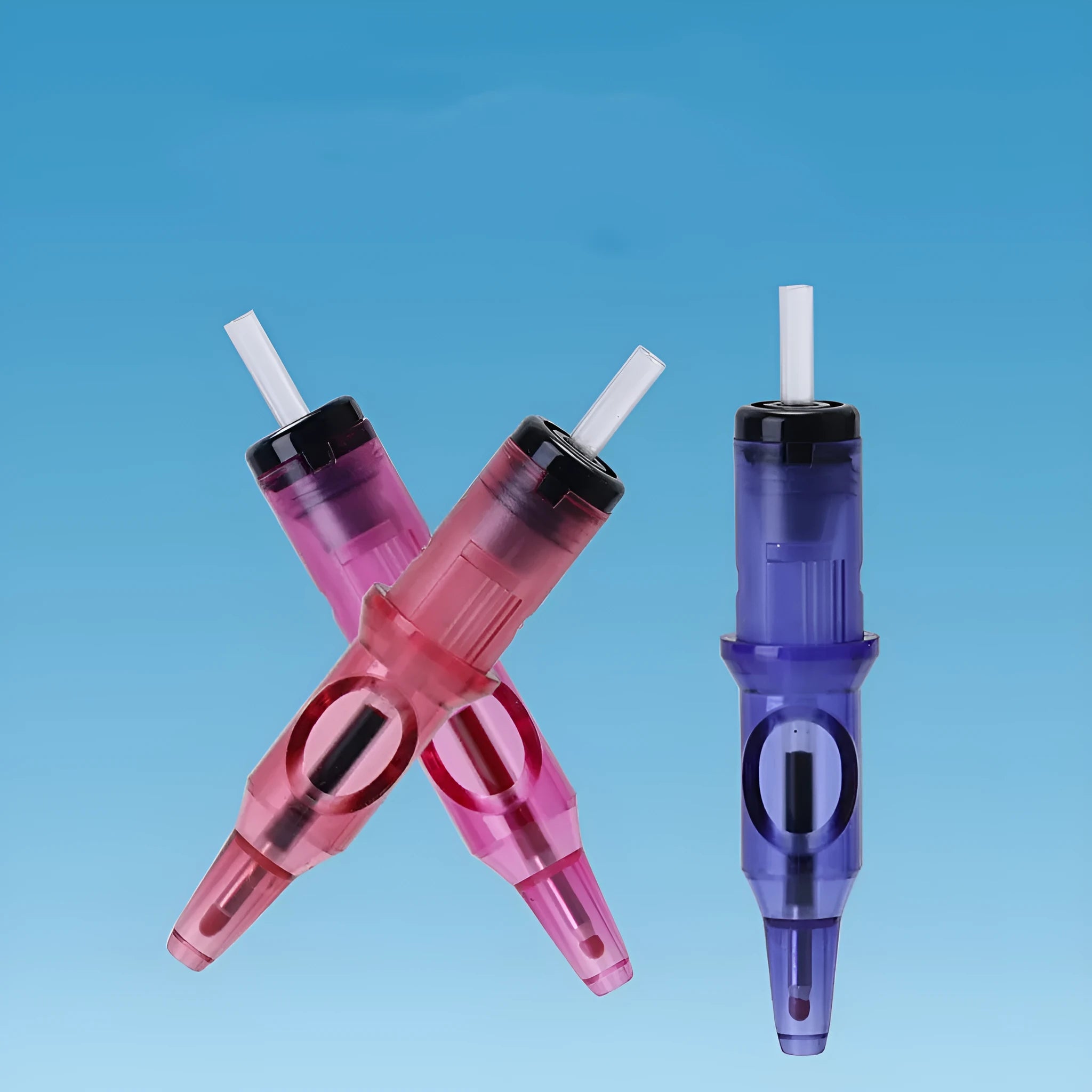 Tattoo ballpoint pen tool for line drawing, shown in multiple colour options including red, blue, and black.
