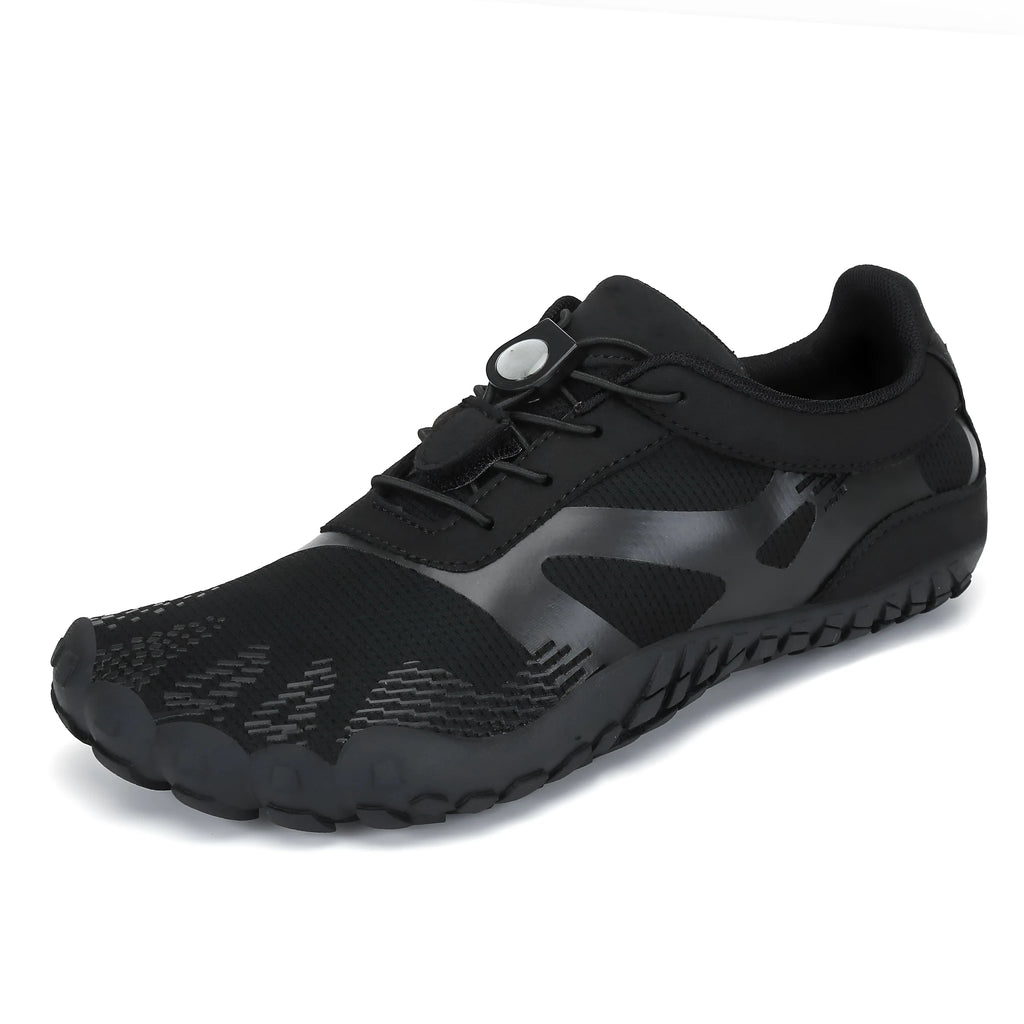 Men's mesh water sports shoes with rubber sole in black, showing breathable upper and casual design