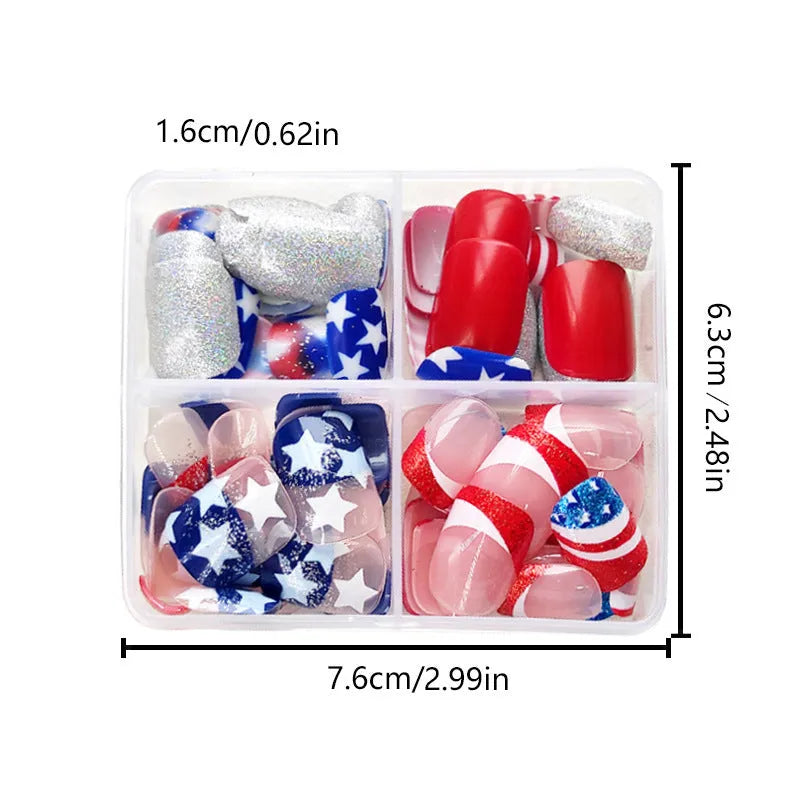 Independence Day nail art set showing three five-pointed star designs in European Square style